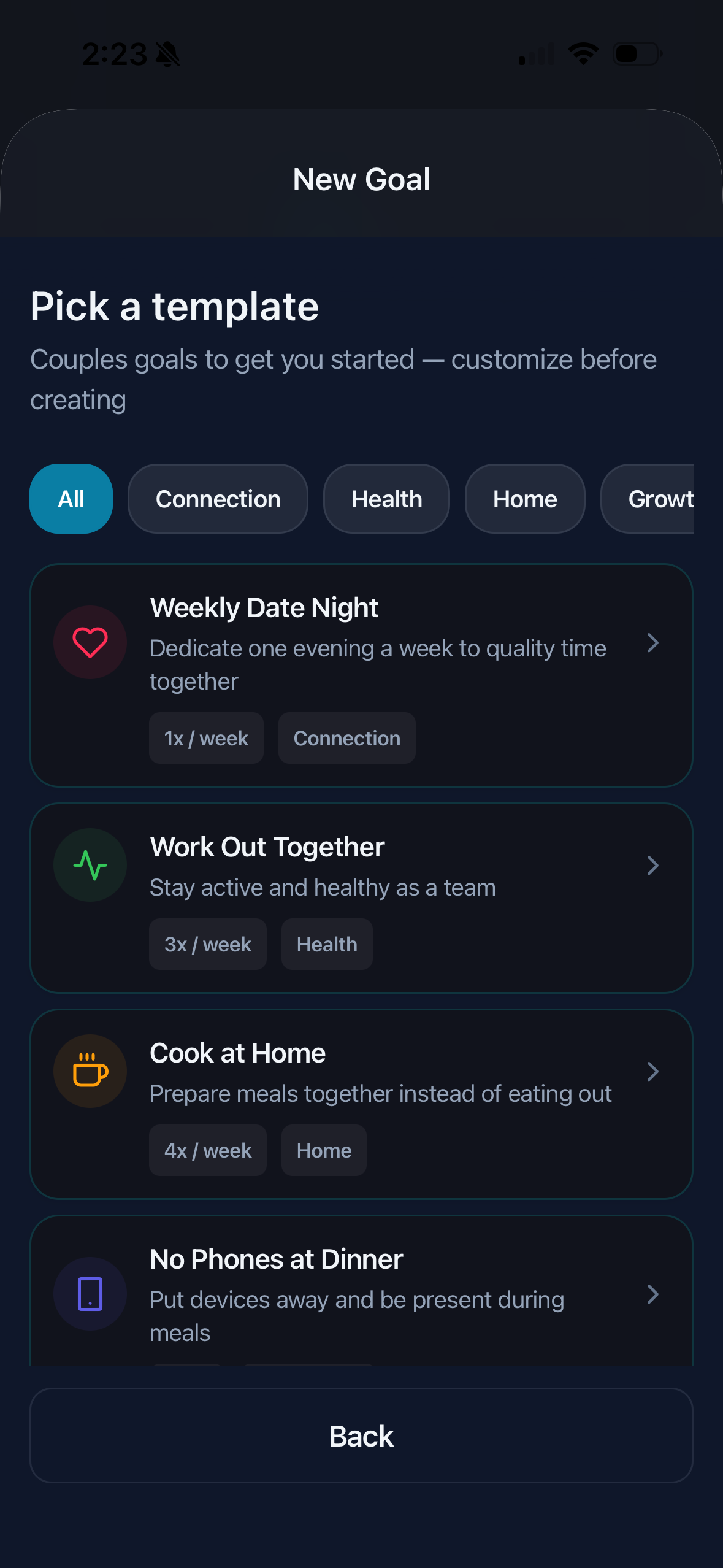 Couples goal templates including Date Night, Work Out Together, and Cook at Home