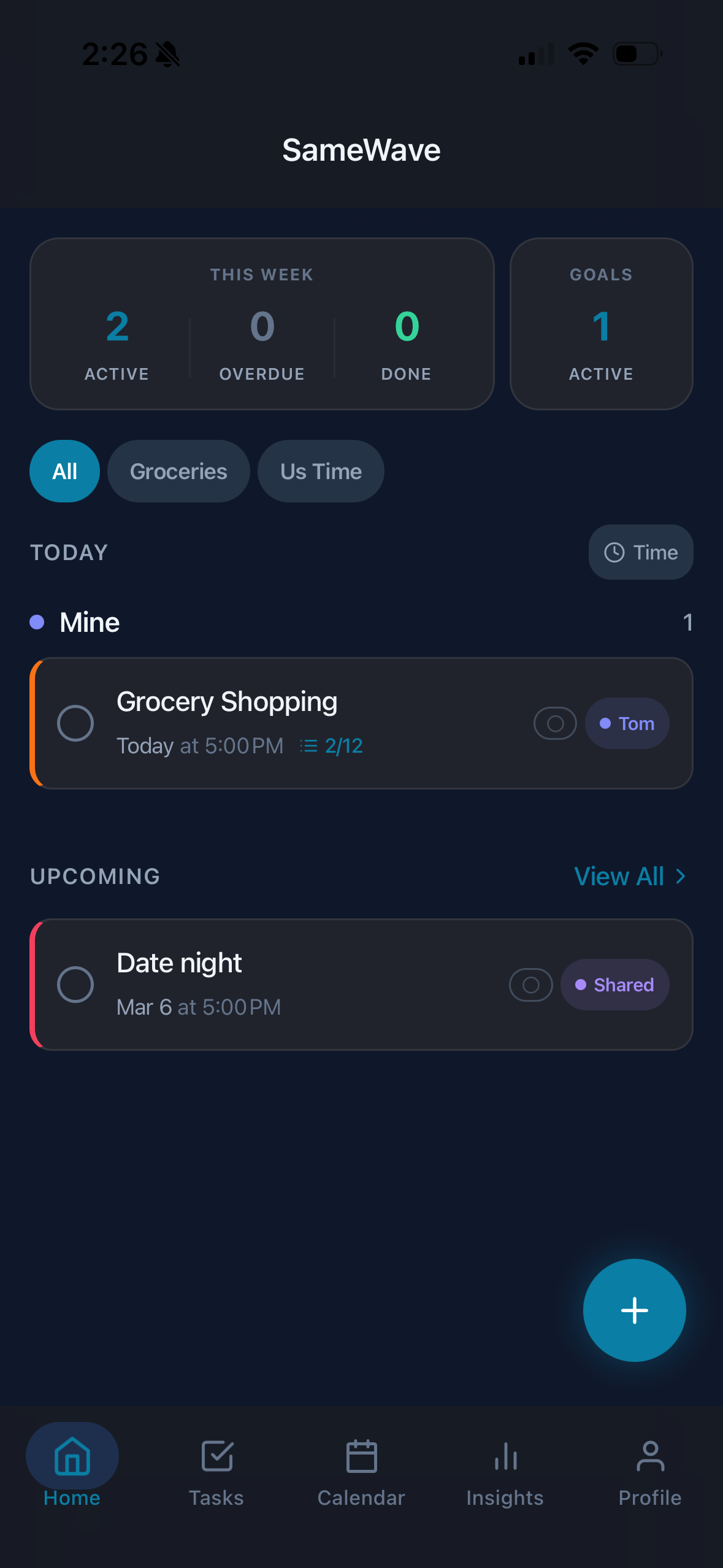 SameWave app dashboard showing shared tasks between partners